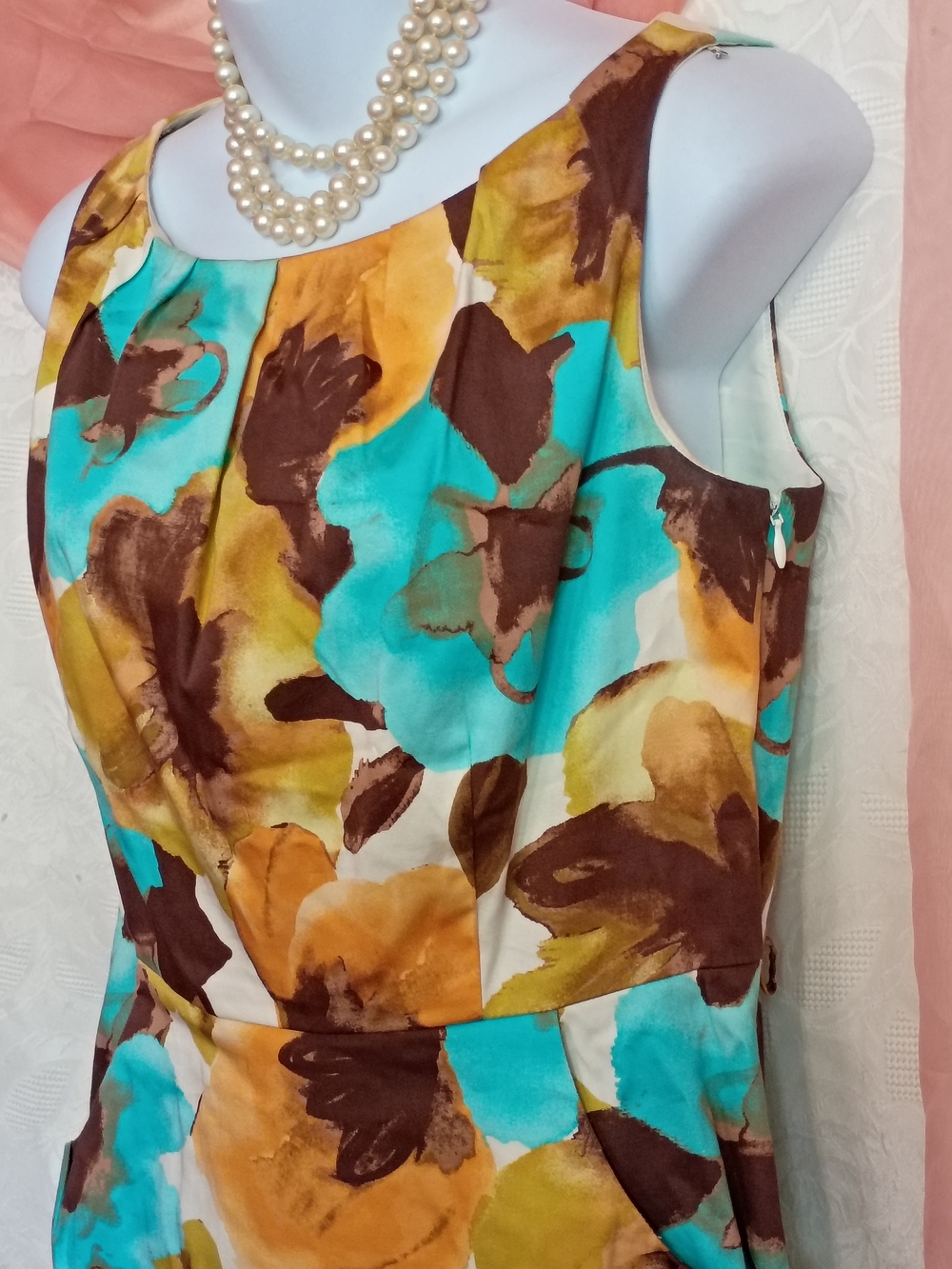 New Directions Ladies Floral Midi Dress in Turquoise, Mustard & Brown Sz 4 - Picture 3 of 8